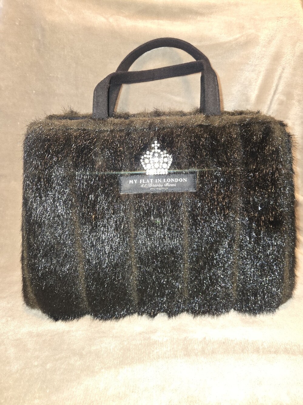 My Flat In London Black Faux Fur Tote Bag with Crown Patch